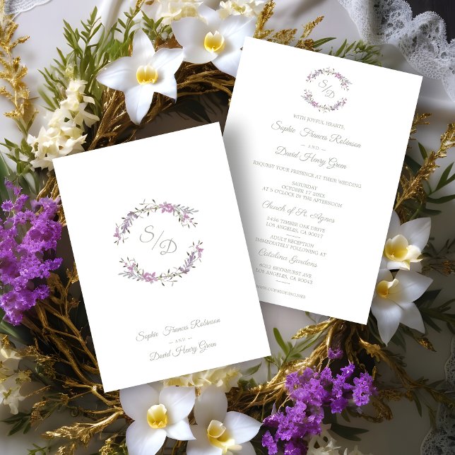 Invitación Elegante Boda Lilac Floral Garland (Sophisticated Elegant Lilac Floral Wedding Garland Invitation Card.)