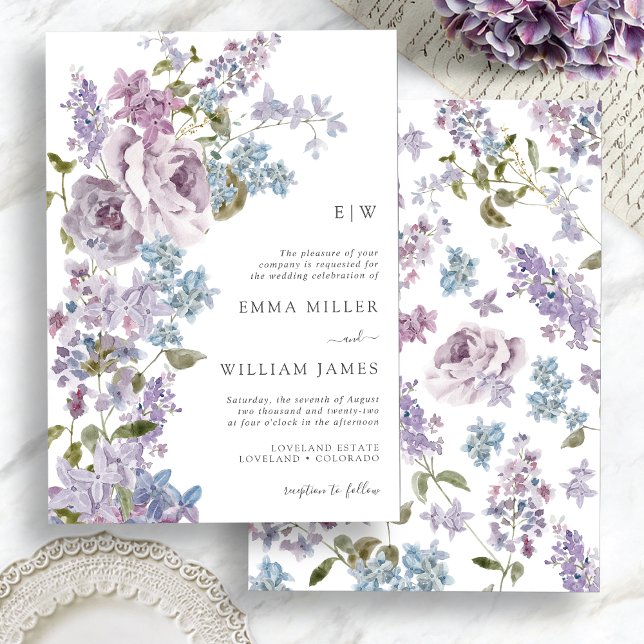 Invitación Elegante Boda Lilac Greenery (Elegant Lilac Greenery Wedding Invitation with Monogram by Painted Paperie
)