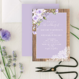 Invitación Elegante Boda Lilac Lavender Rustic Wood Lace