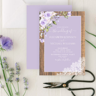 Invitación Elegante Boda Lilac Lavender Rustic Wood Lace