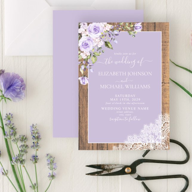 Invitación Elegante Boda Lilac Lavender Rustic Wood Lace (Subido por el creador)