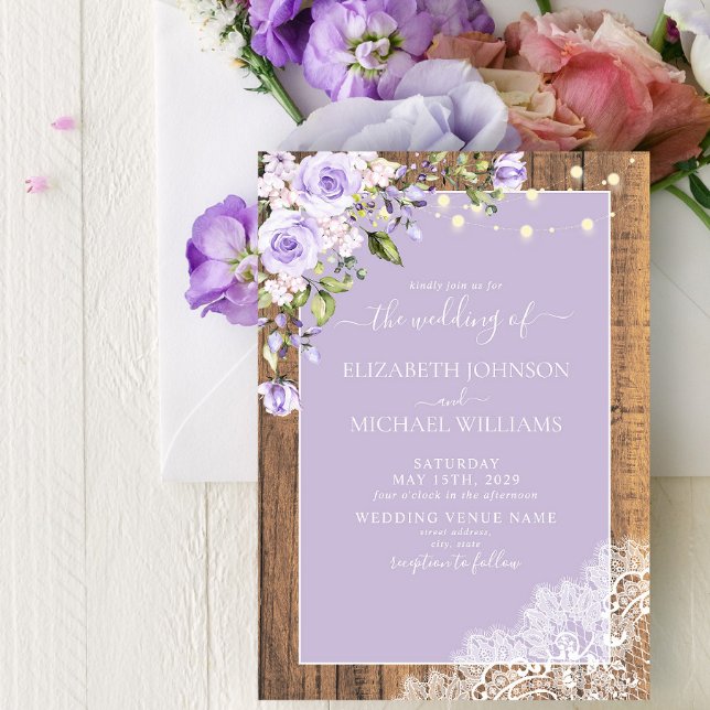 Invitación Elegante Boda Lilac Lavender Rustic Wood Lace (Subido por el creador)