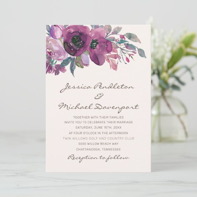 Invitación Elegante Boda Lilac Plum Purple Floral (Anverso de pie)