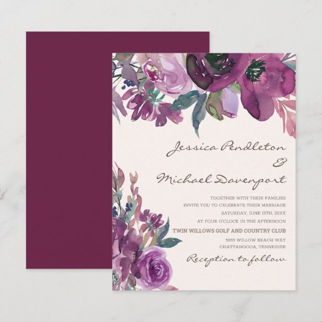 Invitación Elegante Boda Lilac Plum Purple Floral (Anverso / Reverso)