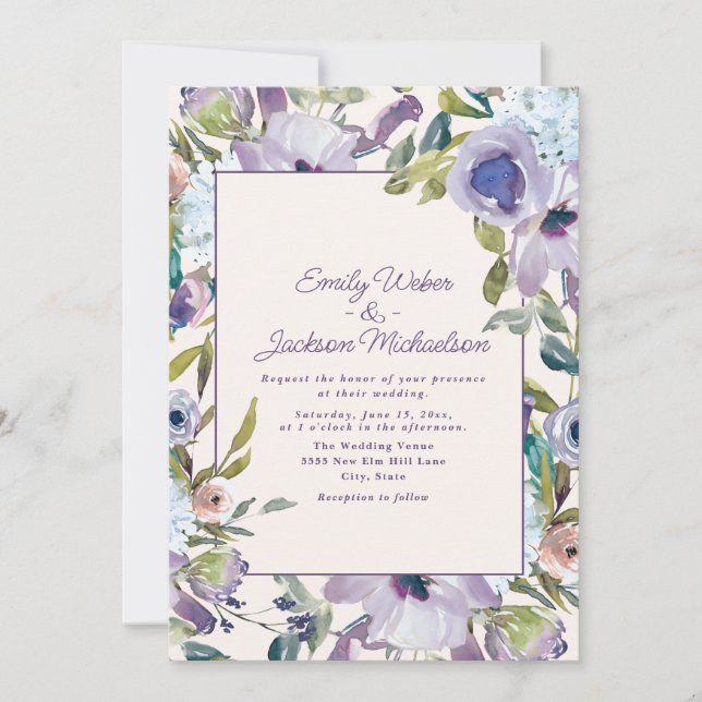 Invitación Elegante Boda Lilac Purple Dusty Blue Floral (Anverso)