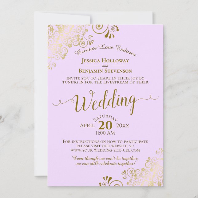 Invitación Elegante Boda Lilac Purple Gold Lace Livestream (Anverso)