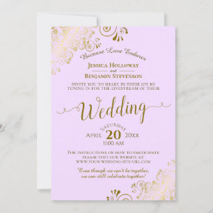 Invitación Elegante Boda Lilac Purple Gold Lace Livestream