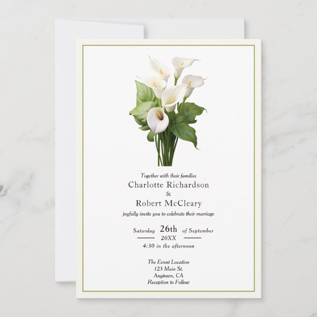 Invitación Elegante Boda Lirio de Calla Blanca (Anverso)