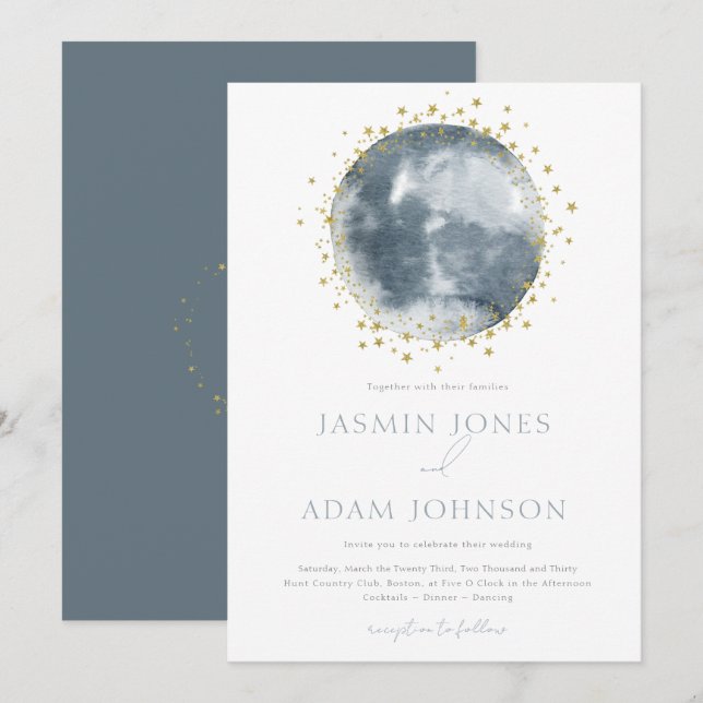 Invitación Elegante Boda Luna Azul Celestial (Anverso / Reverso)