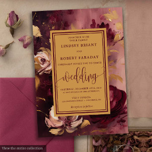 Invitación Elegante Boda Lux Merlot Rubor Gold Floral