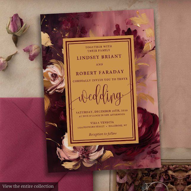 Invitación Elegante Boda Lux Merlot Rubor Gold Floral (Stylish Lux Merlot Blush Gold Floral Wedding Invitation)