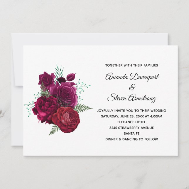 Invitación Elegante Boda Magenta Rosa Floral Bouquet (Anverso)