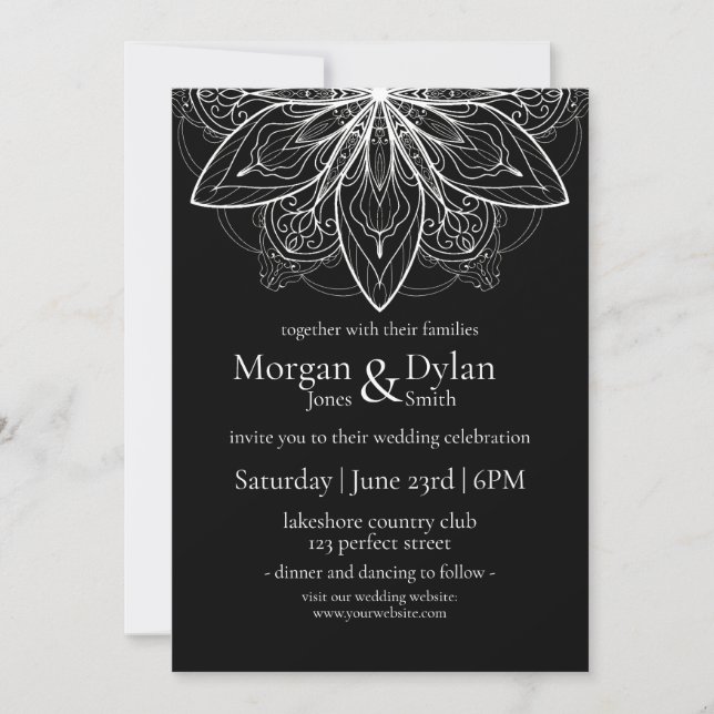 Invitación Elegante Boda Mandala de flores blancas y negras (Anverso)