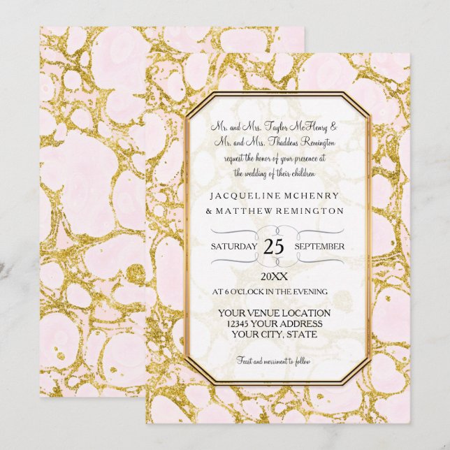 Invitación Elegante Boda Marble Papel Rosa Oro (Anverso / Reverso)
