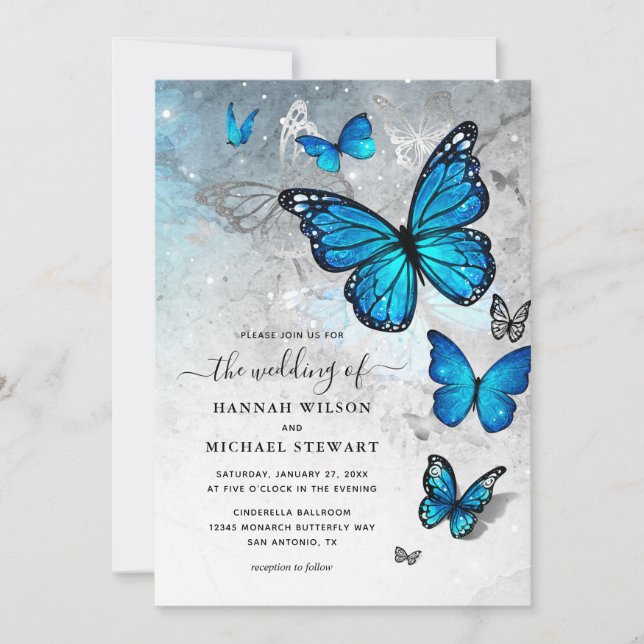 Invitación Elegante Boda Mariposa Azul Color Plata 