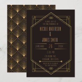 Invitación Elegante Boda Matrimonio Art Déco Negro Oro