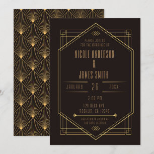 Invitación Elegante Boda Matrimonio Art Déco Negro Oro