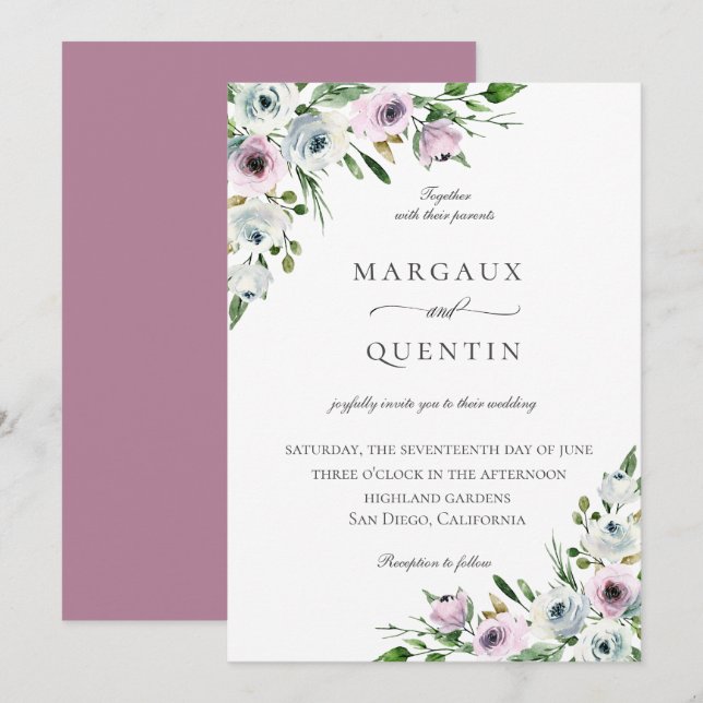 Invitación Elegante Boda Mauve Floral (Anverso / Reverso)