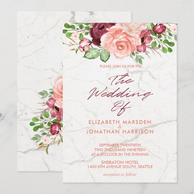 Invitación Elegante Boda Mauve Mauve Burgundy de Mármol (Anverso / Reverso)