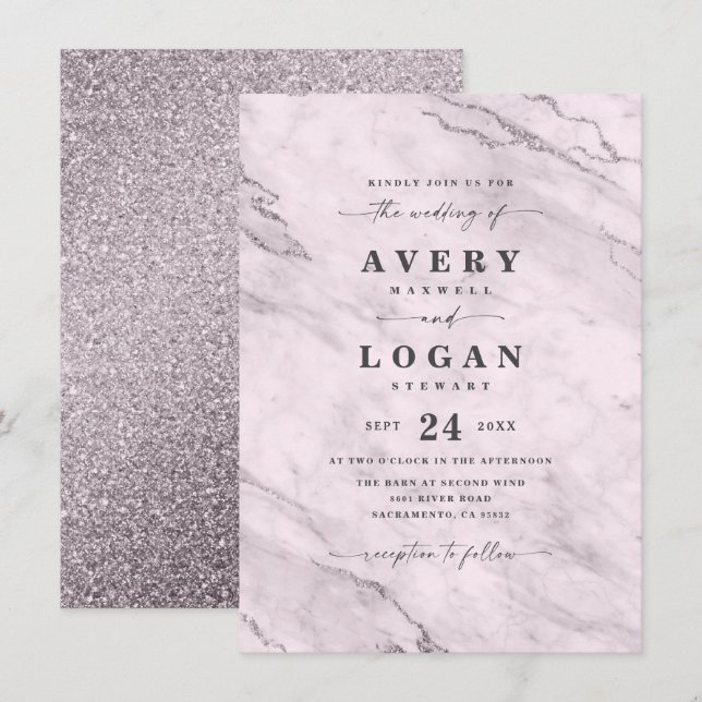 Invitación Elegante Boda Mauve Purple Marble y Purpurina (Anverso / Reverso)