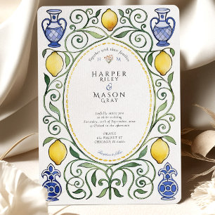 Invitación Elegante boda mediterránea de limón y azulejos azu