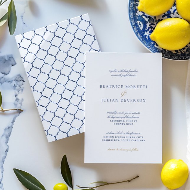 Invitación Elegante Boda mediterráneo blanco y azul (Elegant White & Blue Mediterranean Wedding Invitation)