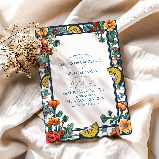 Invitación Elegante boda mediterráneo botánico limón azul (Subido por el creador)