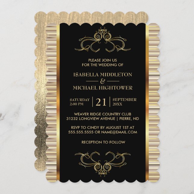 Invitación Elegante Boda metálico negro y oro (Anverso / Reverso)
