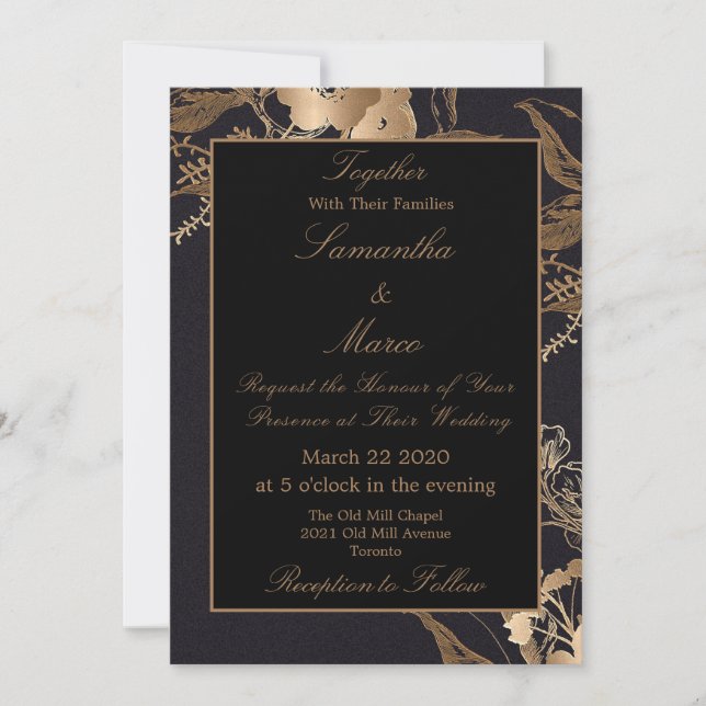 Invitación Elegante Boda Metalizado Faux Gold Floral (Anverso)