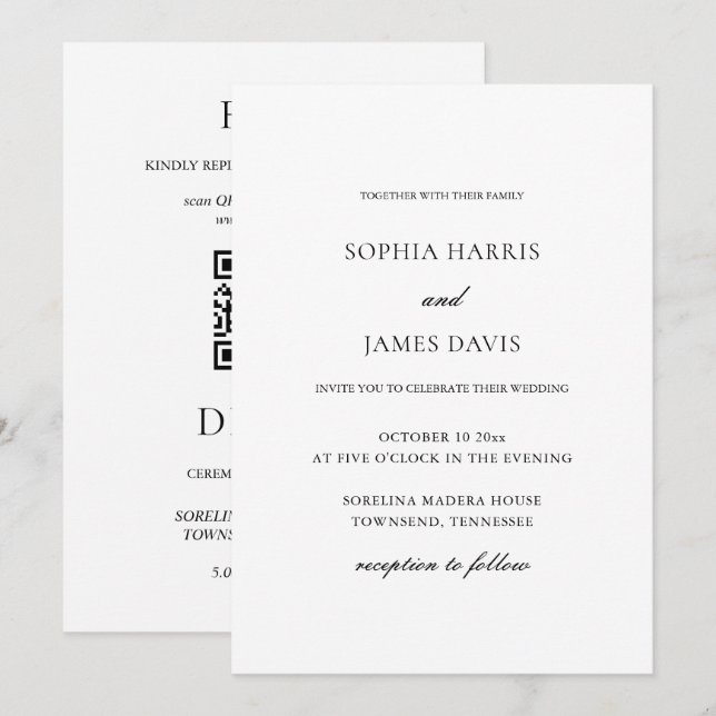 Invitación Elegante Boda Minimalista blanco todo en uno (Anverso / Reverso)