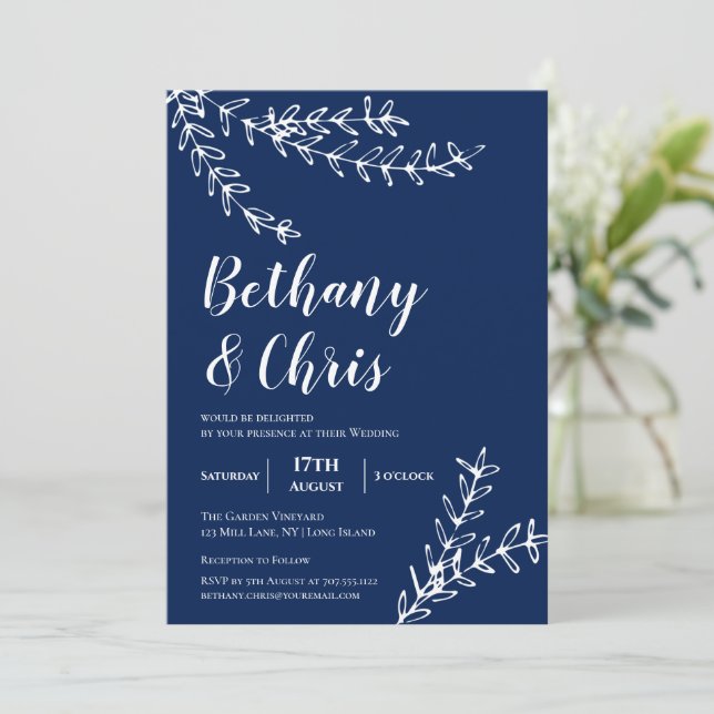 Invitación Elegante Boda Minimalista de la Marina Azul (Anverso de pie)
