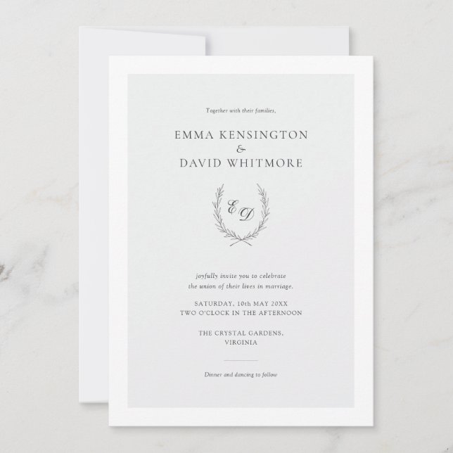 Invitación Elegante Boda Minimalista de Laurel Wreath (Anverso)