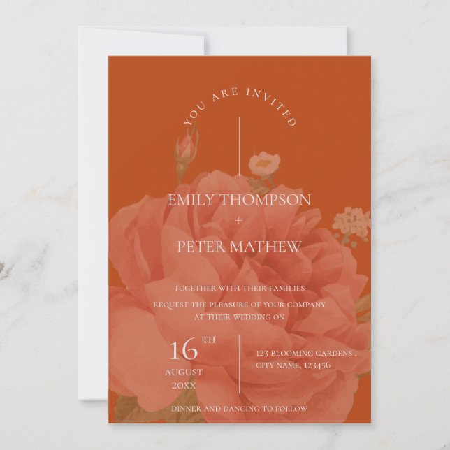 Invitación Elegante Boda Minimalista de Terracota Floral (Anverso)
