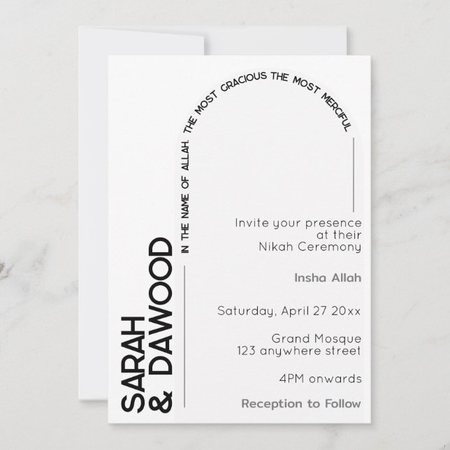 Invitación Elegante Boda Minimalista musulmán blanco negro (Anverso)