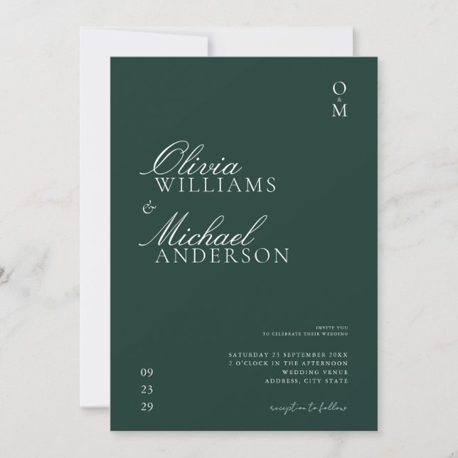 Invitación Elegante Boda Minimalista verde esmeralda (Anverso)