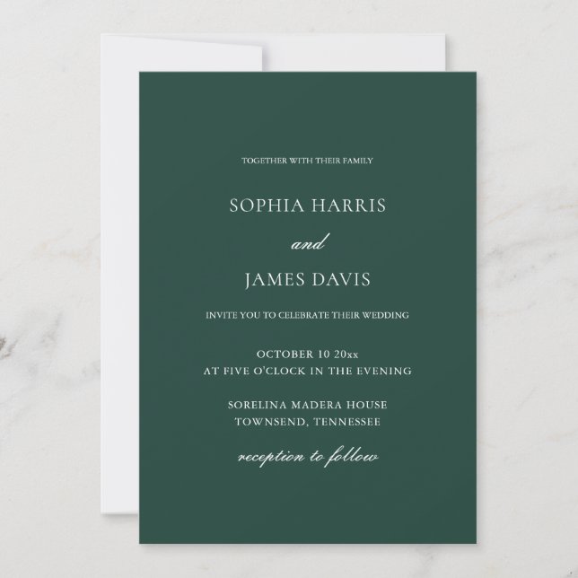Invitación Elegante Boda Minimalista verde esmeralda (Anverso)