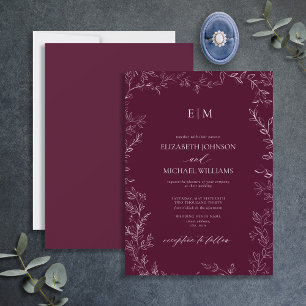 Invitación Elegante Boda Mínimo de Hojas Burgundy Monograma