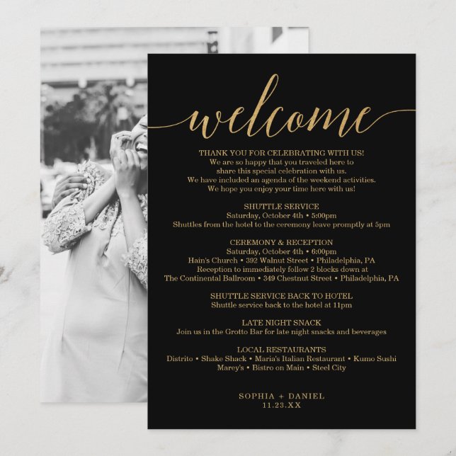 Invitación Elegante Boda Mínimo De Oro Bienvenido Itinerary I (Anverso / Reverso)