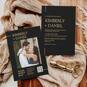 Invitación Elegante Boda Mínimo de Oro Negro Foto de código Q