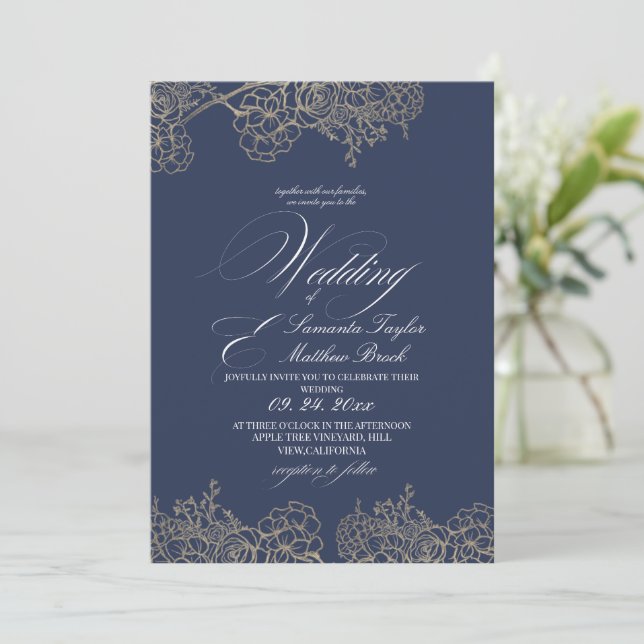 Invitación Elegante boda moderna azul marino  (Anverso de pie)