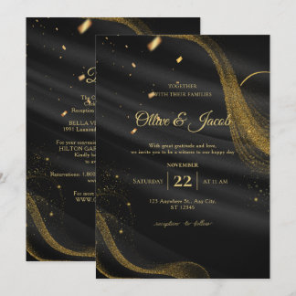 Invitación Elegante Boda Moderna Chic Negra y Dorada