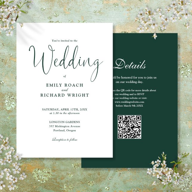 Invitación Elegante Boda Moderna Código QR Verde Esmeralda (Elegant Modern QR Code Emerald Green Wedding Invitation)