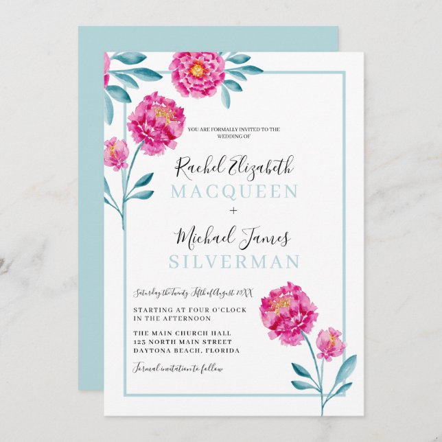 Invitación Elegante Boda Moderna con Borde Floral Rosa Teal (Anverso / Reverso)