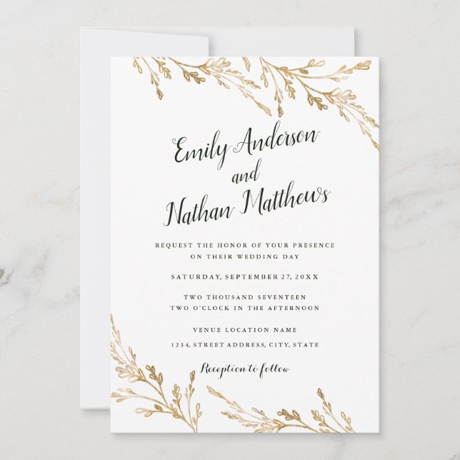 Invitación Elegante Boda Moderna con Hoja de Oro (Anverso)