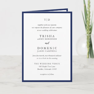 Invitación Elegante Boda Moderna con Monograma en Azul Marino