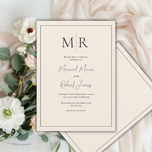 Invitación Elegante boda moderna con monograma en lino neutro