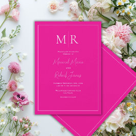 Invitación Elegante boda moderna con monograma en rosa fucsia