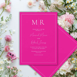 Invitación Elegante boda moderna con monograma en rosa fucsia