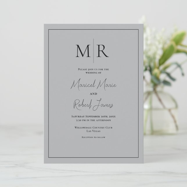 Invitación Elegante Boda Moderna con Monograma Gris (Anverso de pie)