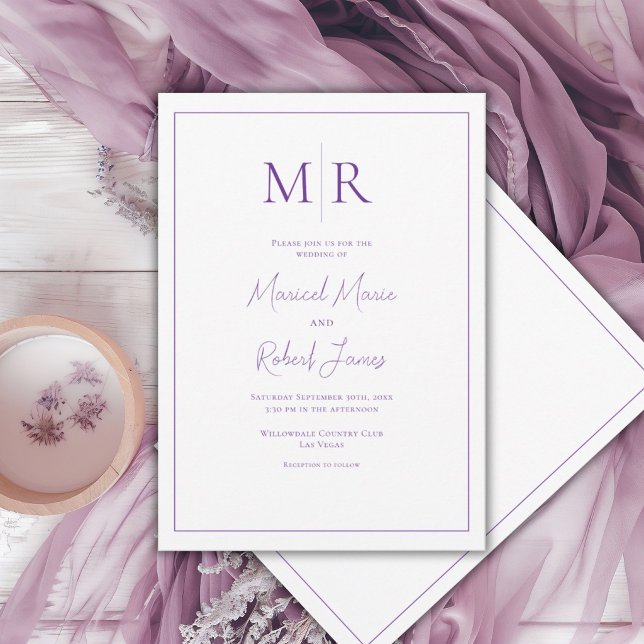 Invitación Elegante Boda Moderna con Monograma Púrpura (Subido por el creador)